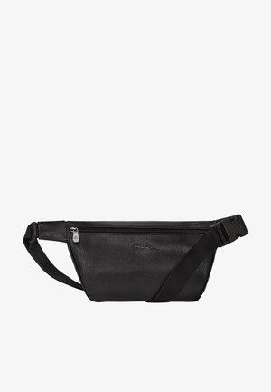 Black leather fanny pack with a textured surface, featuring a top zip closure, adjustable strap, and plain design without additional embellishments.