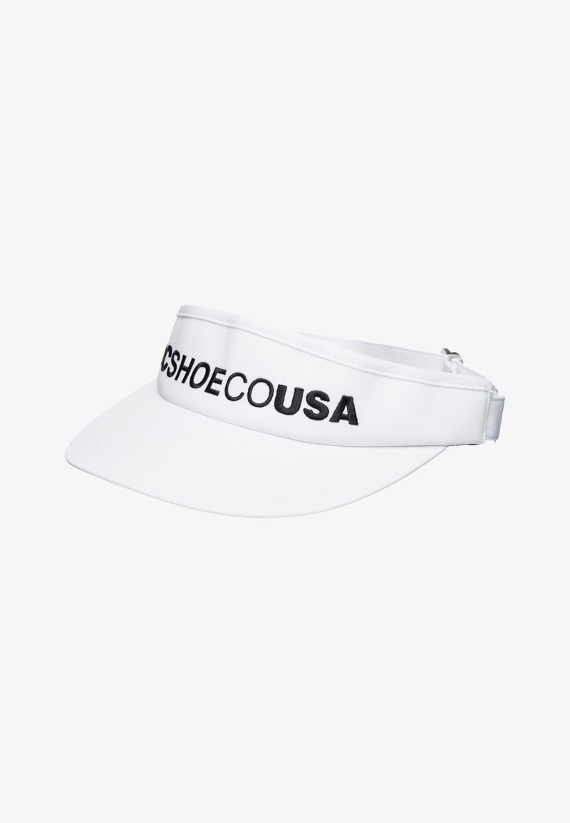 Hvid skyggehue med sort broderet tekst "CSHOECOUSA" på forsiden, designet med en buet skygge og justerbar rygstrop.