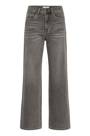 Tummanharmaat, korkeavyötäröiset leveälahkeiset farkut. Niissä on vyölenkit, nappisuljenta ja hienovarainen kulutuksen vaalentuma kankaassa.