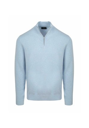 Hellblauer Langarm-Pullover mit halbem Reißverschluss am Kragen sowie gerippten Bündchen und Saum, auf weißem Hintergrund dargestellt.