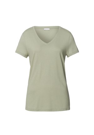 T-shirt z dekoltem w serek w jasnym zielonym kolorze; krótkie rękawy, miękka struktura, luźny krój z minimalnymi detalami dla prostego designu.