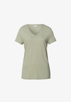 T-shirt z dekoltem w serek w jasnym zielonym kolorze; krótkie rękawy, miękka struktura, luźny krój z minimalnymi detalami dla prostego designu.