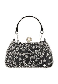 Black satin handbag with silver beading and pearl accents. Features a curved black handle and a front clasp closure with a pearl detail.