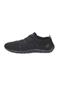 Schwarzer leichter Sportschuh mit atmungsaktivem Mesh-Obermaterial, strukturiertem Design, flexiblem Profil und einer Zuglasche an der Ferse für einfaches Anziehen.