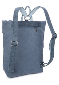 Niebieski plecak z płótna z regulowanymi, teksturowanymi paskami, zasuwaną kieszenią z tyłu oraz gładkimi skórzanymi detalami. Prostokątny kształt.