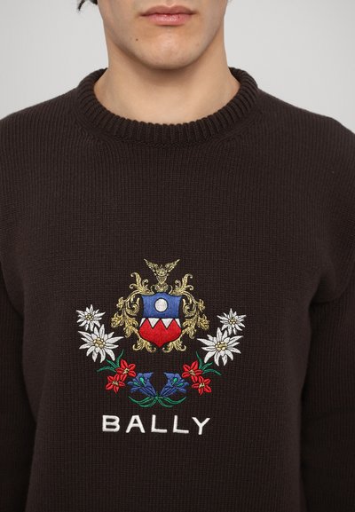 Sötétbarna kötött pulóver, melyet bonyolult hímzett virágminták, egy címer és a "BALLY" felirat díszít fehér színben. Környakú fazon.