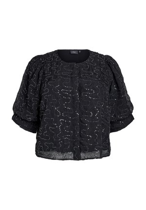 Blusa nera in tessuto texturizzato, con maniche a sbuffo e scollatura rotonda. Decorata con paillettes in un motivo a vortice su tutta la superficie.