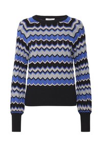 Pull tricoté présentant un motif en zigzag bleu, gris et noir, avec des poignets et un ourlet côtelés, un col rond, et une finition douce au toucher.