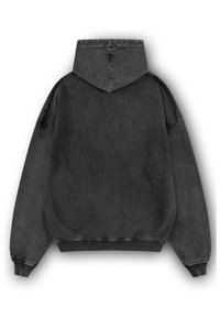 Sweat à capuche gris foncé à manches longues, avec poignets et taille côtelés, vu de dos sur un fond blanc.