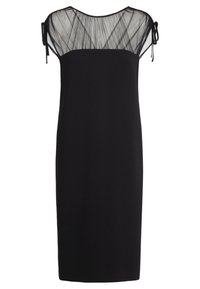 Černé šaty s přiléhavým silueta, průhlednou plisovanou vrstvou u výstřihu a nastavitelnými detaily na rukávech. Hladký povrch látky.
