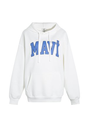 White hoodie made of soft fabric, featuring a kangaroo pocket and drawstring hood. Bold blue text spells "MAVI" across the chest.