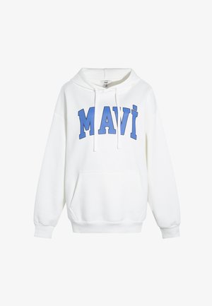 White hoodie made of soft fabric, featuring a kangaroo pocket and drawstring hood. Bold blue text spells "MAVI" across the chest.