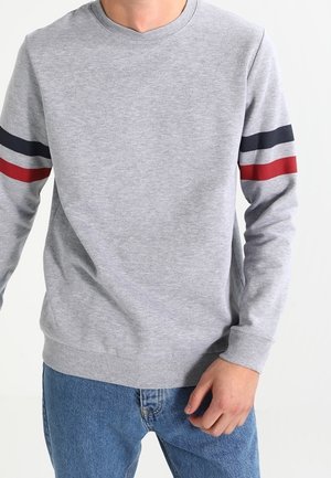 Mann trägt ein hellgraues Sweatshirt mit langen Ärmeln, navyblauen und roten Streifen an den Ärmeln und blaue Jeans, steht vor weißem Hintergrund.