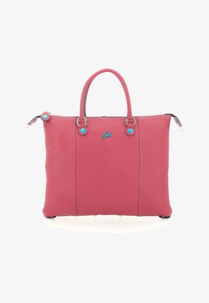 Borsa tote in pelle rosa con due manici, dettagli con bottoni azzurri e un piccolo logo del marchio blu al centro anteriore.