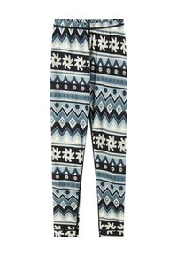 Leggings mit elastischem Bund, verziert mit einem geometrischen Muster in Blau-, Schwarz- und Cremetönen. Hergestellt aus einem glatten, dehnbaren Stoff.