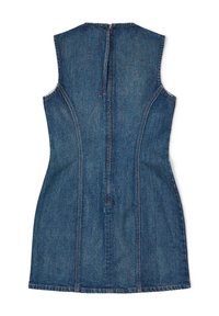 Denim-mekko, hihaton, tiukka malli. Tummansininen väri, näkyvillä olevat saumat ja vetoketjukiinnitys takana. Sujuva pinta.