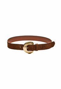 Ceinture en cuir suédé marron avec une boucle en métal doré, intérieur en cuir lisse, et taille ajustable grâce à plusieurs trous pour un meilleur ajustement.