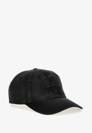 Zwarte denim baseballpet met een geborduurd "GUESS" logo aan de voorkant. Gestructureerde vorm met een gebogen vizier en een verstelbare strap.