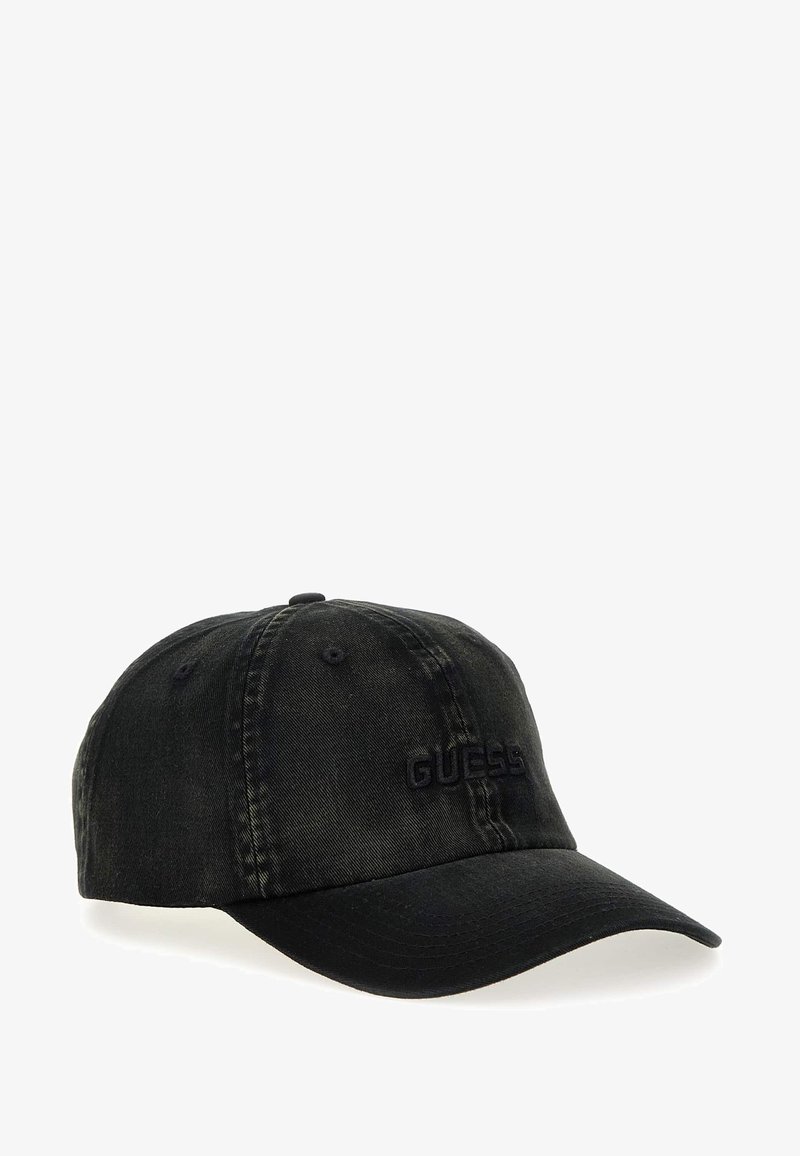 Schwarze Denim-Baseballmütze mit gesticktem "GUESS"-Logo auf der Vorderseite. Strukturierte Form mit einem gebogenen Schirm und verstellbarem Riemen.