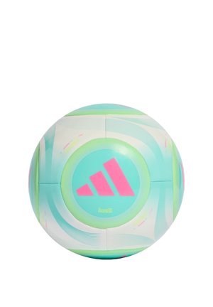 Light blue and white soccer ball with pink Adidas logo and subtle green and pink curved patterns, labeled "Messi."