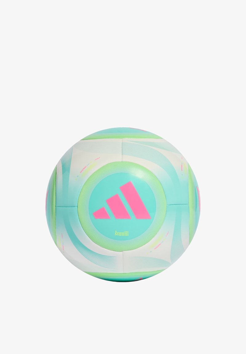 Hellblauer und weißer Fußball mit pinkfarbenem Adidas-Logo und dezenten grünen und pinkfarbenen geschwungenen Mustern, mit der Aufschrift "Messi".