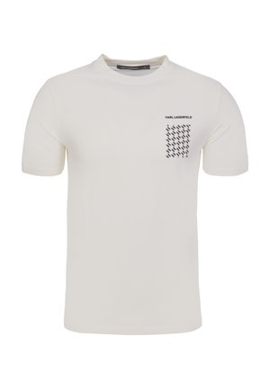 Short-sleeve white t-shirt made of cotton, featuring a left chest pocket with a black geometric pattern and logo label above.