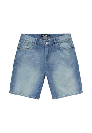 Lichtblauwe denimshorts met een vervaagde uitstraling, vijfzakkenontwerp en een knoopsluiting. Voorzien van gestikte details en een merkembleem op de tailleband.