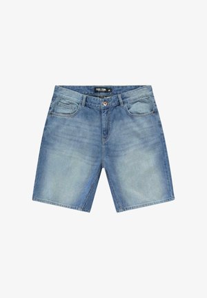 Lichtblauwe denimshorts met een vervaagde uitstraling, vijfzakkenontwerp en een knoopsluiting. Voorzien van gestikte details en een merkembleem op de tailleband.