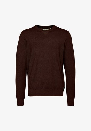 Maglione a maglia marrone con maniche lunghe, scollatura a V e polsini a coste. Presenta una texture sottile e un piccolo tag del marchio sull'orlo.