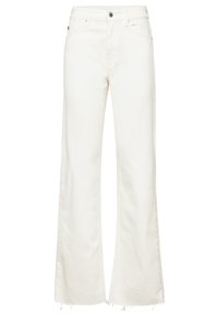 Jean en denim blanc taille haute avec jambes larges, fermeture par bouton et zip, poches avant et arrière, et ourlets effilochés.