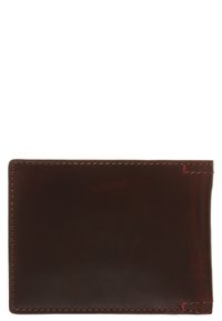 Brown leather wallet with a smooth texture, folded design, and contrasting red stitching along the edges.