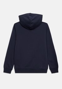 Sweat à capuche bleu marine à manches longues avec capuche, dos uni, poignets et ourlet côtelés sur fond blanc.