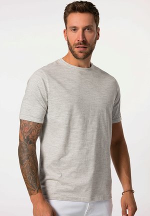 Grau gestreiftes Kurzarmhemd mit rundem Halsausschnitt, aus weichem Stoff gefertigt. Enganliegendes Design mit dezenten horizontalen Streifen.