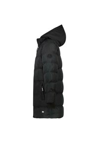 Zwarte pufferjack met een capuchon, met een ritszak, zachte textuur, doorgestikt ontwerp en een logo-embleem op de mouw.