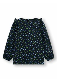 Blouse à manches longues en tissu bleu marine présentant un motif éparpillé de formes vertes et bleu clair, avec des accents volantés aux épaules.