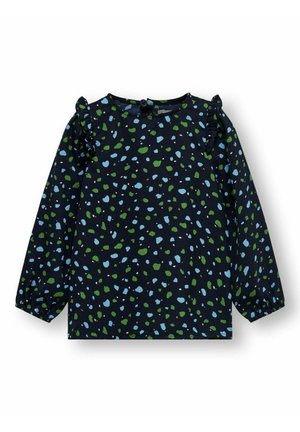 Langærmet bluse i navy stof med et spredt mønster af grønne og lyseblå former, med flæser ved skuldrene.