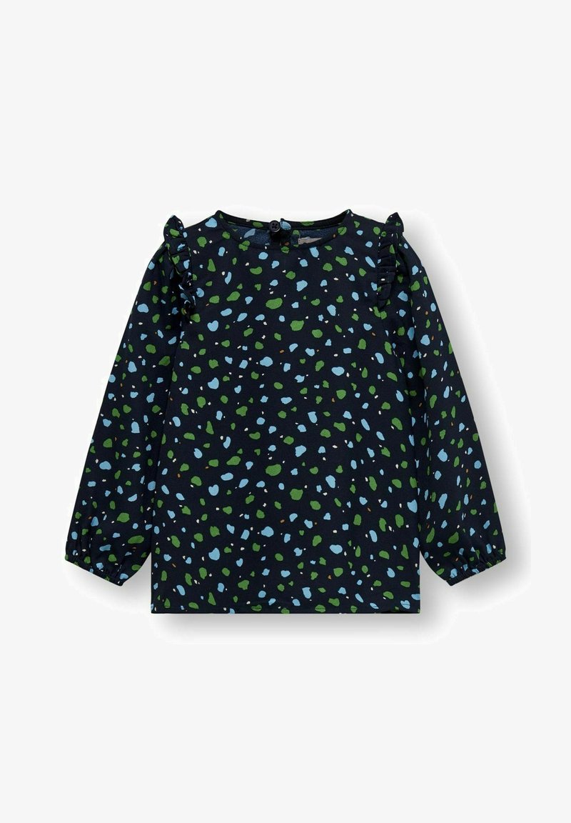 Blouse à manches longues en tissu bleu marine présentant un motif éparpillé de formes vertes et bleu clair, avec des accents volantés aux épaules.