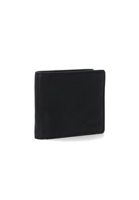 Zwarte leren portemonnee met een gladde textuur, een dubbelvouwontwerp, subtiele stiksels en een ingebrand merklogo rechtsonder.