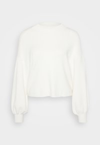 Weißer, kurz geschnittener Pullover aus weichem Strickstoff. Verfügt über lange, puffartige Ärmel mit gerippten Bündchen und einem runden Ausschnitt.