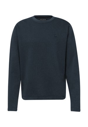 Sudadera para hombre de manga larga y cuello redondo en azul marino oscuro, con costuras mínimas y un pequeño logo en relieve en el pecho izquierdo.