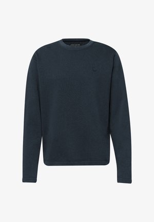 Donker marineblauwe sweatshirt voor heren met lange mouwen en ronde hals, met minimale stiksels en een klein geperst logo op de linkerborst.