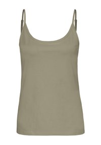 Olivgrünes Tanktop mit dünnen verstellbaren Trägern und rundem Ausschnitt. Aus glattem, leichtem Stoff mit figurbetonter Passform.