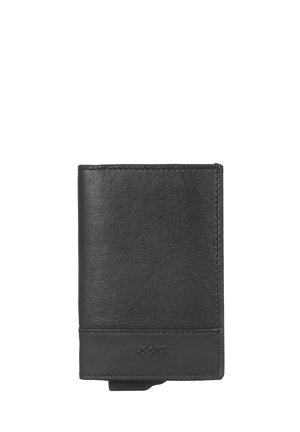 Sort læderbifoldpung med indpræget "JOOP!"-logo nederst i midten på hvid baggrund.