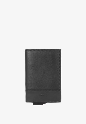 Sort læderbifoldpung med indpræget "JOOP!"-logo nederst i midten på hvid baggrund.