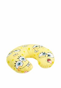 Cuscino giallo a forma di U con più volti di SpongeBob SquarePants. Materiale in tessuto morbido con espressioni facciali stampate colorate.