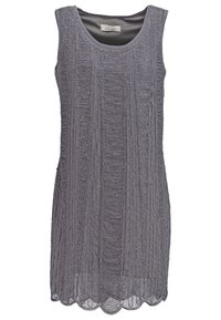 Robe grise sans manches avec des rayures verticales texturées et des détails en perles, dotée d'un ourlet festonné et d'un col rond.