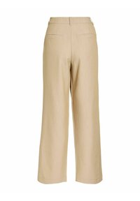 Μπεζ παντελόνι με φαρδιά πόδια, ψηλή μέση και δύο πίσω τσέπες, εμφανιζόμενο από πίσω σε λευκό φόντο.