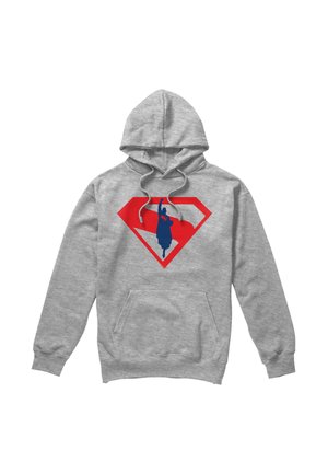 Gray hoodie with red Superman logo featuring a blue silhouette of a flying superhero in the center, front pocket, and drawstring hood.