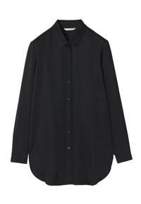 Camicia nera a maniche lunghe con chiusura a bottoni, colletto classico e orlo arrotondato. Realizzata in un tessuto liscio, con una leggera lucentezza.