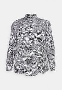 Chemise à manches longues à boutons, en motif pied-de-poule noir et blanc, avec un col classique et une coupe décontractée. Texture de tissu douce.